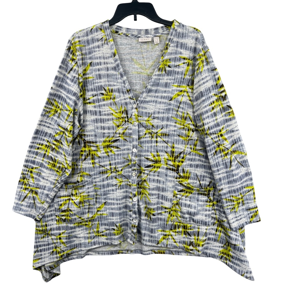 LOGO Lori Goldstein Womens 2X Cardigan Sweater Bamboo Print‎ Artsy Lagenlook